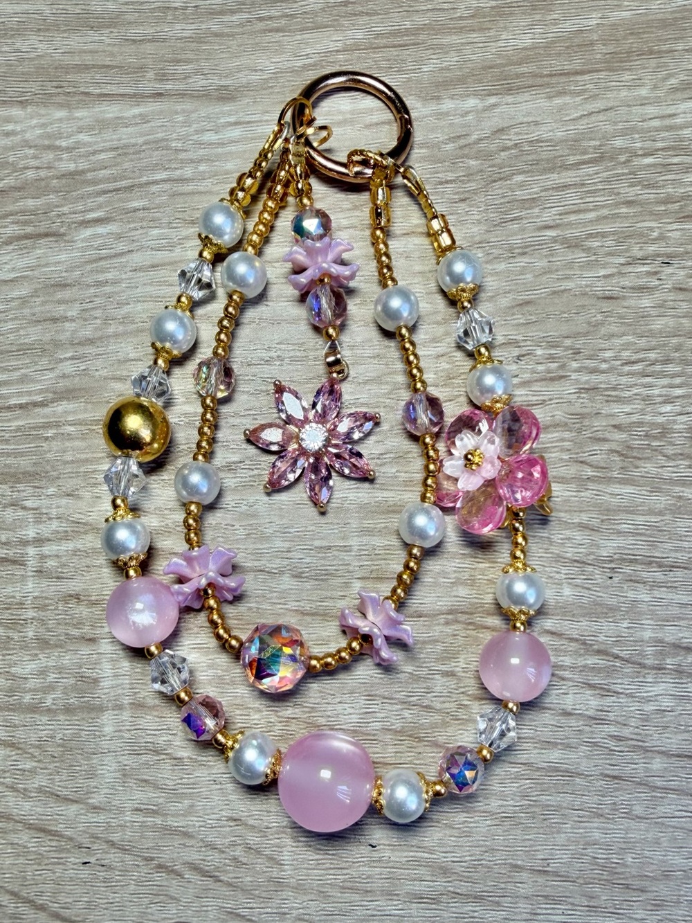 Pink Flower Beaded Chain for Purse/Phone/Keys - Gold Accents
